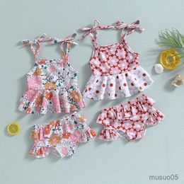 Two-Pieces Newborn Baby Girls Swimsuits Summer Floral Print Sleeveless Camisole And Ruffle Shorts Sets Infants Swimwear Bathing Suit