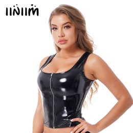 Womens Tanks Camis Fashion Zipper Patent Leather Tank Top Wet Look Rave Festival Outfit U Neck Sleeveless Vest for Club Pole Dancing 230509