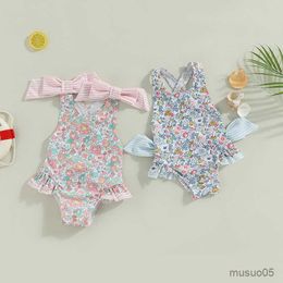 Two-Pieces Cute Backless Kids Baby Girls Summer Swimsuit Bikini Toddler Sleeveless Cross Floral Print Bowknot Ruffle Bathing Suit Swimwear