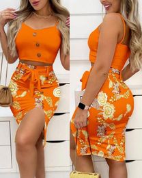 Two Piece Dress Sets Womens Outifits Spring Fashion Button Decor Sleeveless Crop Cami Top Casual Floral Print Split Skirt Set 230509