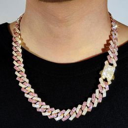 Chains Men Hip Hop Pink Iced Out Cuban Chain Necklace Bling 14MM 2 Row Rhinestone Paved Prong Rhomb Link Women Jewelry