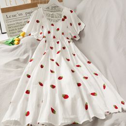 Casual Dresses Vintage Kawaii Strawberry Dress Women Sexy Ruffle Puff Sleeve Off Shoulder Embroidery Summer Party Dresses Korean Elegant 230509