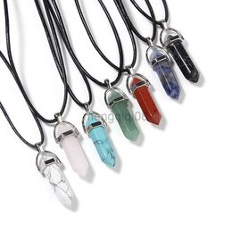 Pendant Necklaces New Natural Stone Bullet Scalp Rope Necklace Hexagonal Crystal Column Geometric Men Women Chain Y23