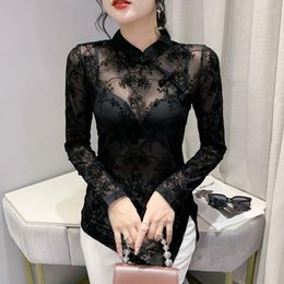 Women's T Shirts Vintage Ethnic T-shirt Women Spring 2023 Lace Embroidery Stand Collar Chinese Frog Buttons Slit Sexy Tops Tee Long Sleeve