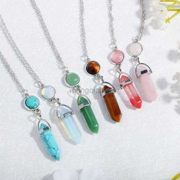 Pendant Necklaces New Trendy Crystal Natural Stone Long Hexagon Turquoise Link Chain Choker Necklace For Women Couple Jewelry Y23