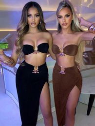 Two Piece Dress Velvet Sexy Strapless Crop Tube Top High Waist Slit Maxi 2 Pcs Suits Fall Women Fashion Streetwear Vestido 230509