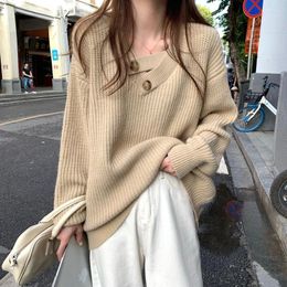 Women's Sweaters Korean Fashion Women Spring Buttons V Neck Soft Warm Loose Pullover Solid Long Sleeve Knitted Shirt Female Tops 2023