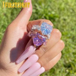 Band Rings Rose Gold Colour Pink Heart Ring Iced Out Bling Cut 5A CZ Hearts Engagement Wedding Band Rings For Women Men Jewellery 230509