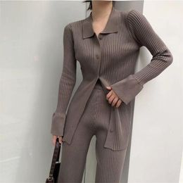 Pants Autumn Spring Ribbed Knit 2Pcs Women Solid Button Down Lapel Tops + Elastic Waist Pants Set Fashion Office Lady Outfits