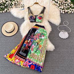 Two Piece Dress Summer Boho Beach Holiday Set Women Skirt Suit Sexy Strapless Crop Top And High Waist Pleated Long Outfits 230509