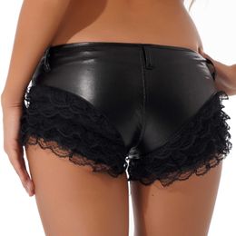 Women's Shorts Women High Waist Faux Leather Shorts Sexy Club Slim Solid Black Summer Short Pants Lace Patchwork Elastic Push up PU Shorts AA230508