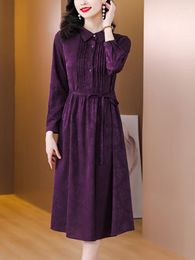 Casual Dresses 2023 Spring And Summer Silk Satin Flower Print Polo Collar Pleated Waist Show Thin Shirt Dress Long-Sleeved Purple