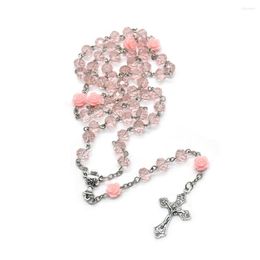 Pendant Necklaces 6 8mm Pink Rose Crystal Rosary Cross Necklace Catholic Jesus Christ Church Prayer Religious Jewellery Accessories Gift