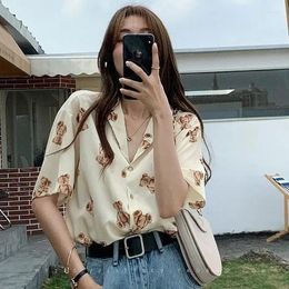 Women's Blouses Vintage Tops Chiffon Bear Print Beautiful Women's Chic Short Sleeve T-Shirt Urban Loose Casual Summer Clothing