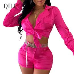 Women s Jumpsuits Rompers Qili Fashion Wanita Hijau Neon Rose Merah 2 Buah Set Pakaian Penuh Kemeja dan Celana 2 potongan Yang Sesuai dengan Biker 230509