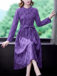 Casual Dresses Vintage Jacquard Cotton Linen Dress 2023 Spring And Autumn Slim Art Medium Length Elegant Women Sashes Vestidos Z492