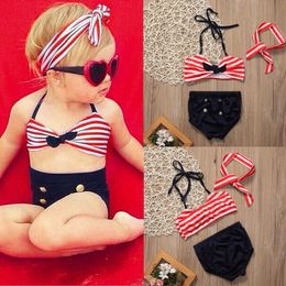 Children's swimwear Baby girl red striped bikini set cabernet tops button blue bandana shorts 0-4y child children summer swimsuit P230509