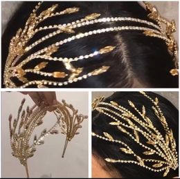 Wedding Hair Jewellery Baroque Crystal Pearls Tassel leaf double band Women Bridal Tiara Accessories Crown wear 230508