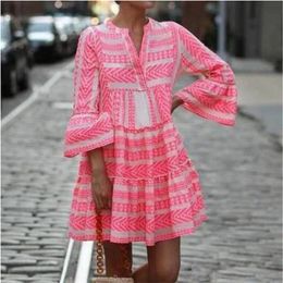 Casual Dresses Elegant Geometric Print Striped Women Long Flare Sleeve Ruffled V Neck Aline Mini Vestido Boho Loose 230509