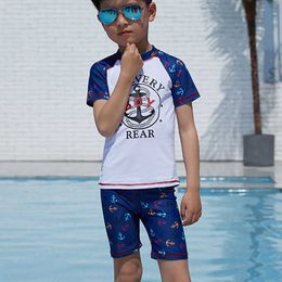 Children's swimwear 3-12 years boy swimsuit 2pcs swim suit with cap short sleeve bodysuit kids swimsuit boys beach rash guards P230509