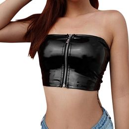 Tops Womens Strapless Crop Sexy Sleeveless Solid Colour Patent Leather Bandeau Tube