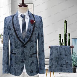 Men's Suits Blazers Luxury Denim Blue Jacquard Floral Men's Wedding Suits Gentlemen Tuxedo Peaked Lapel 2 piece Jacket Slim Pant 230509