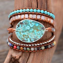 Chain Women Leather Bracelet Unique Mixed Natural Stones Gilded Stone Charm 5 Strands Wrap Bracelets Handmade Boho Bracelet Dropship 230509