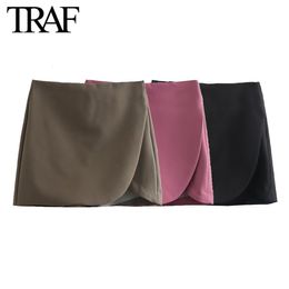 Womens Shorts TRAF Women Fashion Asymmetrical Aline Culottes Side Zip Chic Female High Waist Wide Leg Harajuku Shorts Mujer 230509