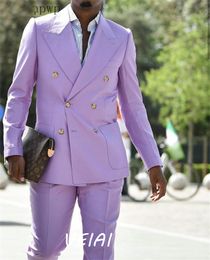 Men's Suits Blazers Lavender Men Suits for Prom Party Peaked Lapel Double Breaste Blazer Jacket Tuxedos Groom Wedding Wear 2 Piece Coat Pant 230509