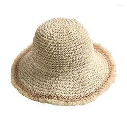 Wide Brim Hats Spring Summer Women Handmade Casual Sun Protection Bucket Straw Hat Folding Grass Raw Edge Beach Accessory