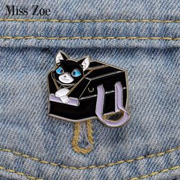 Black Cat Enamel Pins Custom Cat in the Suitcase Brooches Lapel Badges Animal Jewelry Gift for Kids Friends