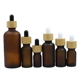 Top Glass Dropper Bottle Bamboo Woode Lid Portable Empty Frost Brown Essential Oil Vials Refillable Container 5ml 10ml 15ml 20ml 30ml 50ml 100ml Cosmetic Packaging