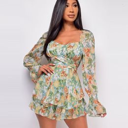 Womens Jumpsuits Rompers Summer Sexy Long Sleeve Floral Print Backless Playsuits Famale Ruffle Short Jumpsuit 230509