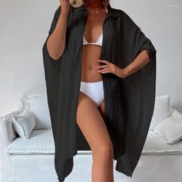 Women's Swimwear See-through Cover Up All Match Beach Turn-down Collar Long Dress Women Sun Protection