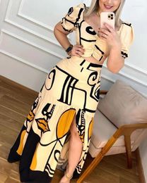 Work Dresses Abstract Figure Print Puff Sleeve Crop Top & Slit Skirt Set Women 2pcs Clothes Suit Spring Summer Short Long