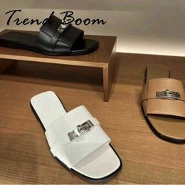 Slippers Metal Button Designer Slippers Women Summer Beach Outside Flat Slides Real Leather Buckle Belts Slip On Casual Shoes Lady Brand G230509