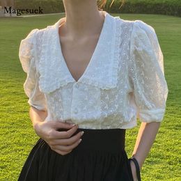 Womens Blouses Shirts Summer Hollow Flower Lace Blouse Women Korean Chic Puff Short Sleeve Woman Shirt Peter Pan Collar Solid Loose Tops 13919 230509