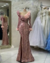 Aso Ebi 2023 Arabic Pink Mermaid Prom Dress Feather Crystals Evening Formal Party Second Reception Birthday Engagement Gowns Dresses Robe de Soiree SH016