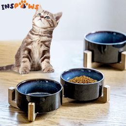 Feeding Ceramic Dog Bowl Set Dish with Wood Stand Elevated Cat Bowls Pet Dogs Feeding Dishes Bowl for Dog Weighted Cat Water Food Feeder