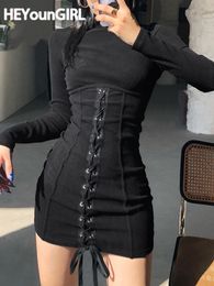 Party Dresses HEYounGIRL Tie Up Bandage Black Bodycon Dress Autumn Basic Long Sleeve Knitted Mini Ladies Skinny Casual Winter Fashion 230509