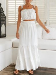 Work Dresses 2Pcs Female Bohemian Beach Style Set Solid Colour Strappy Ruffle Short Camisole Long Skirt For Summer White/Orange S/M/L/XL