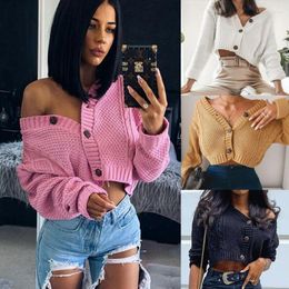 Women's Jackets Women Knitted Cropped Cardigan Female Short Coat V Neck Single Breasted Knitwear Spring Autumn Solid Shawl Jacket