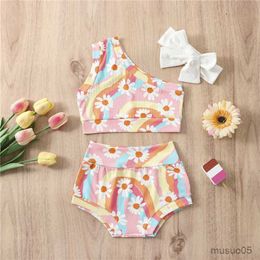 Two-Pieces Infant Baby Girls Bathing Suit Swimwear Rainbow Floral Print Bikini Set Sleeveless Bathing Suit Girl Summer Swimming Wear