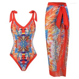 Women's Swimwear Orange Floral Print Swimsuit Women 2023 Fashion Brazilian Bowknot Holiday Designer Bathing Suit Beach Cover Up