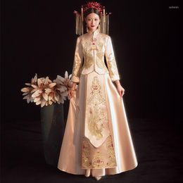 Ethnic Clothing Champagne Wedding Dress Cheongsam Chinese Style Marrige Set Exquisite Embroidery Bride Oriental Toast