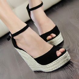 Height Increasing Shoes Large size wedges sandals Bohemia style womens hemp rope high heel fish mouth small women shoes 32 33 43 44 230508