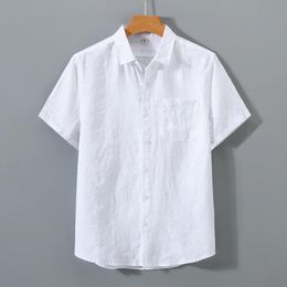 Men's Casual Shirts Summer Men Linen Plain Short Sleeve Button Up Shirt Breathable Thin Turn-down Collar TopMen's