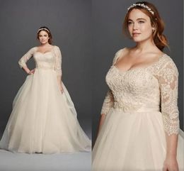 2023 Plus -storlek Ny Oleg Cassini Bröllopsklänningar 3/4 ärmar Spets Sweetheart täckt knapp Gloor längd prinsessor mode brudklänningar