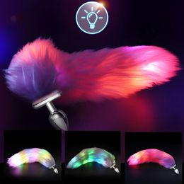 Anal Toys Metal Stainless Glow Steel Detachable Led Cosplay Luminous Tail Anal Butt Plug Sex Toys For Woman Man Couple 230508