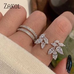 Band Rings ZAKOL Korea Shiny Cubic Zircon Leaf Shape Open Rings for Women Fashion Geometry Crystal Finger Ring Anillos for Party Jewellery Z0509